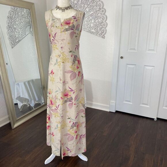 Liz Claiborne Vintage Tan Cream Pastel Flower Boho Floral Linen Midi Maxi Dress - Picture 2 of 8